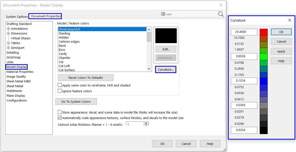 نحوهی اعمال تغییر در تنظیمات رنگ Curvature در نرمافزار SolidWorks